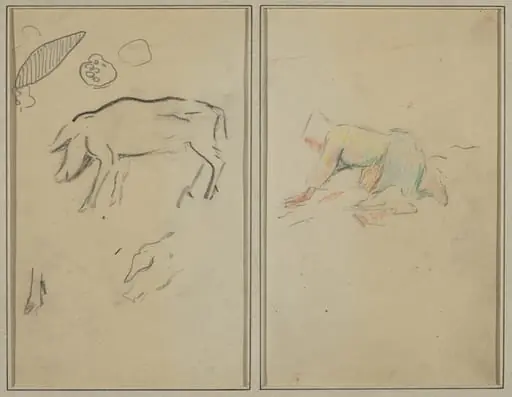 A Pig; Breton Peasant Kneeling [verso], by Paul Gauguin