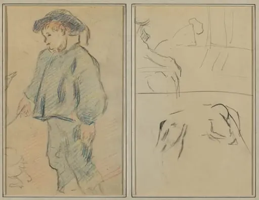 Breton Boy Tending Geese; Cows and a Figure Leaning on a Ledge [verso], by Paul Gauguin