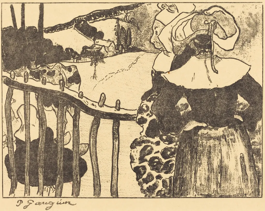 Breton Women beside a Fence (Bretonnes à la barrière), by Paul Gauguin, ink, 1889