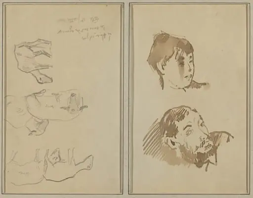 Five Sheep; Head of a Woman and Head of a Bearded Man [recto], by Paul Gauguin