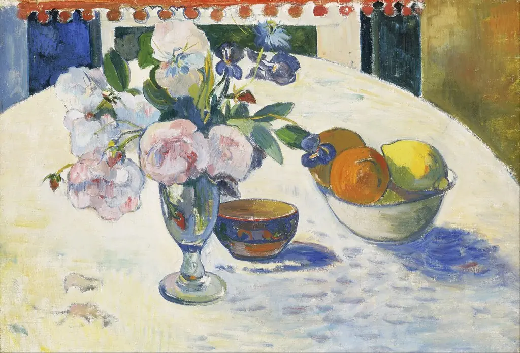 Flowers and a Bowl of Fruit on a Table, by Paul Gauguin