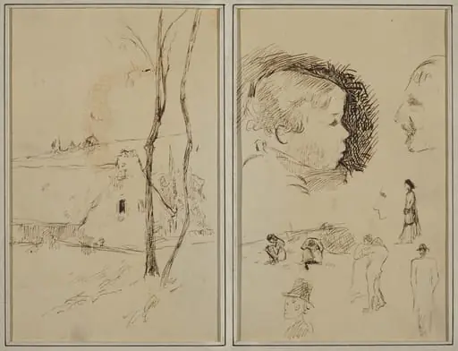 Landscape with a Cottage; Profile of Boy, Profile of Man, Two Women in a Landscape, and Five Other Studies [verso], by Paul Gauguin