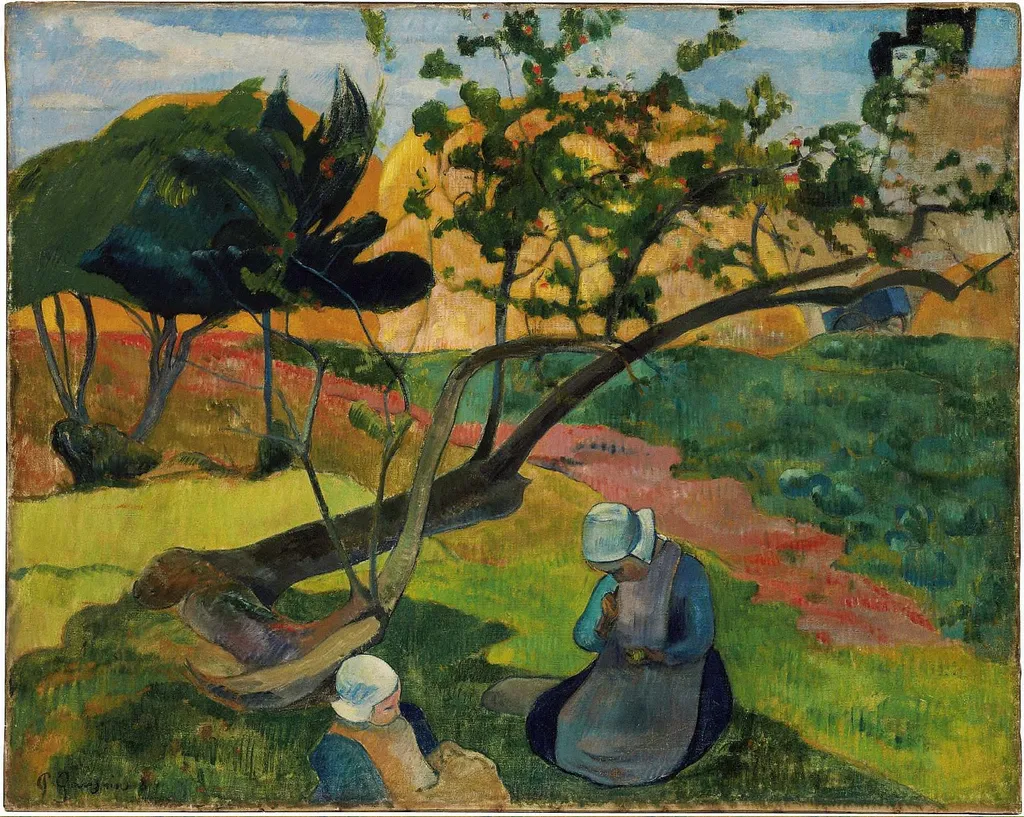 Landscape with Two Breton Women, by Paul Gauguin, oil, 1895