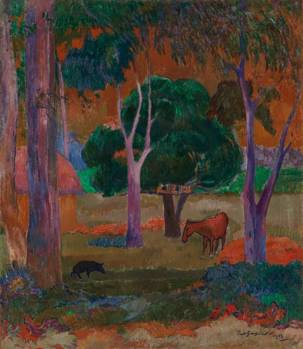 Maisema, sika ja hevonen (Hiva Oa), by Paul Gauguin, unspecified