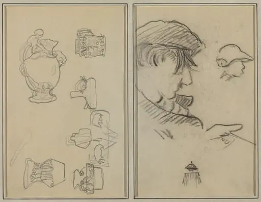 Studies of Jugs and Vases; A Man with Moustache and a Boy with a Hat [recto], by Paul Gauguin