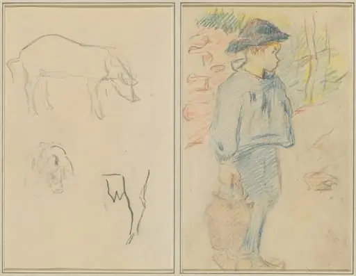 Three Studies of a Pig; Breton Boy Walking with a Jug [recto], by Paul Gauguin