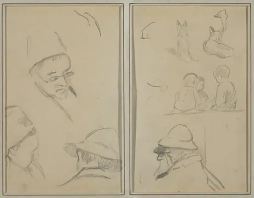 Three Studies of Men's Heads, One with Spectacles; Dogs, Children, and Two Bearded Men in Profile [verso], by Paul Gauguin