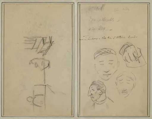 Two Figures and a Bench; Three Studies of Men's Heads and One of a Hand [recto], by Paul Gauguin