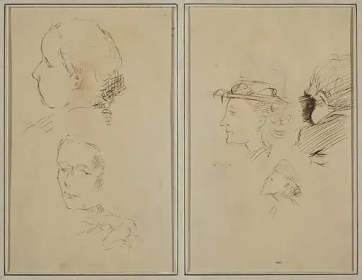 Two Head Studies and a Crouching Nude Woman; Two Women's Heads and a Head of Child [recto], by Paul Gauguin