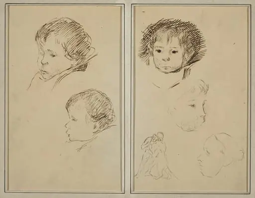 Two Studies of a Child's Head; Two Studies of a Child's Head, a Woman in Profile, and a Man Wrestling an Animal [recto], by Paul Gauguin