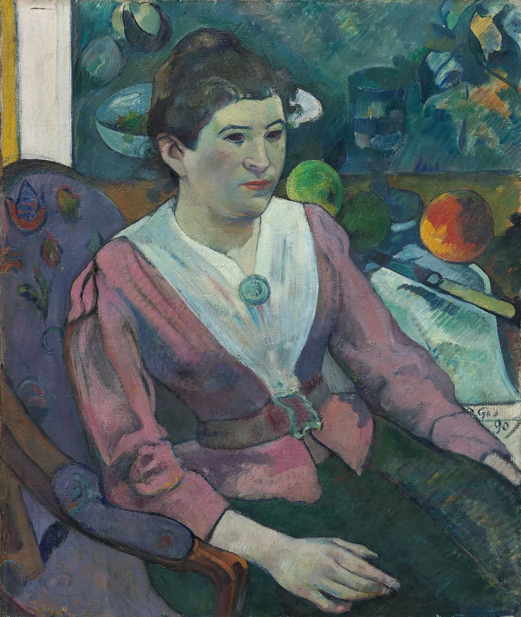 Woman in Front of a Still Life by Cézanne, by Paul Gauguin, oil, 1896
