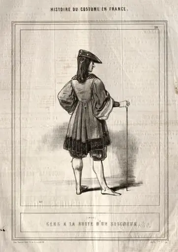 Histoire du Costume en France: Gens à la suite d'un seigneur, by Paul Gavarni