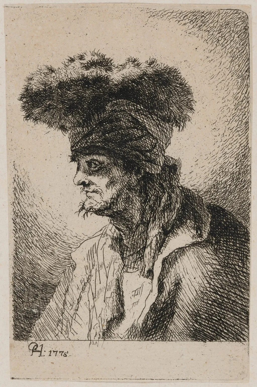 Oriental with a Fur Hat, Looking Left, by Paul Haubenstricker, ink, 1775