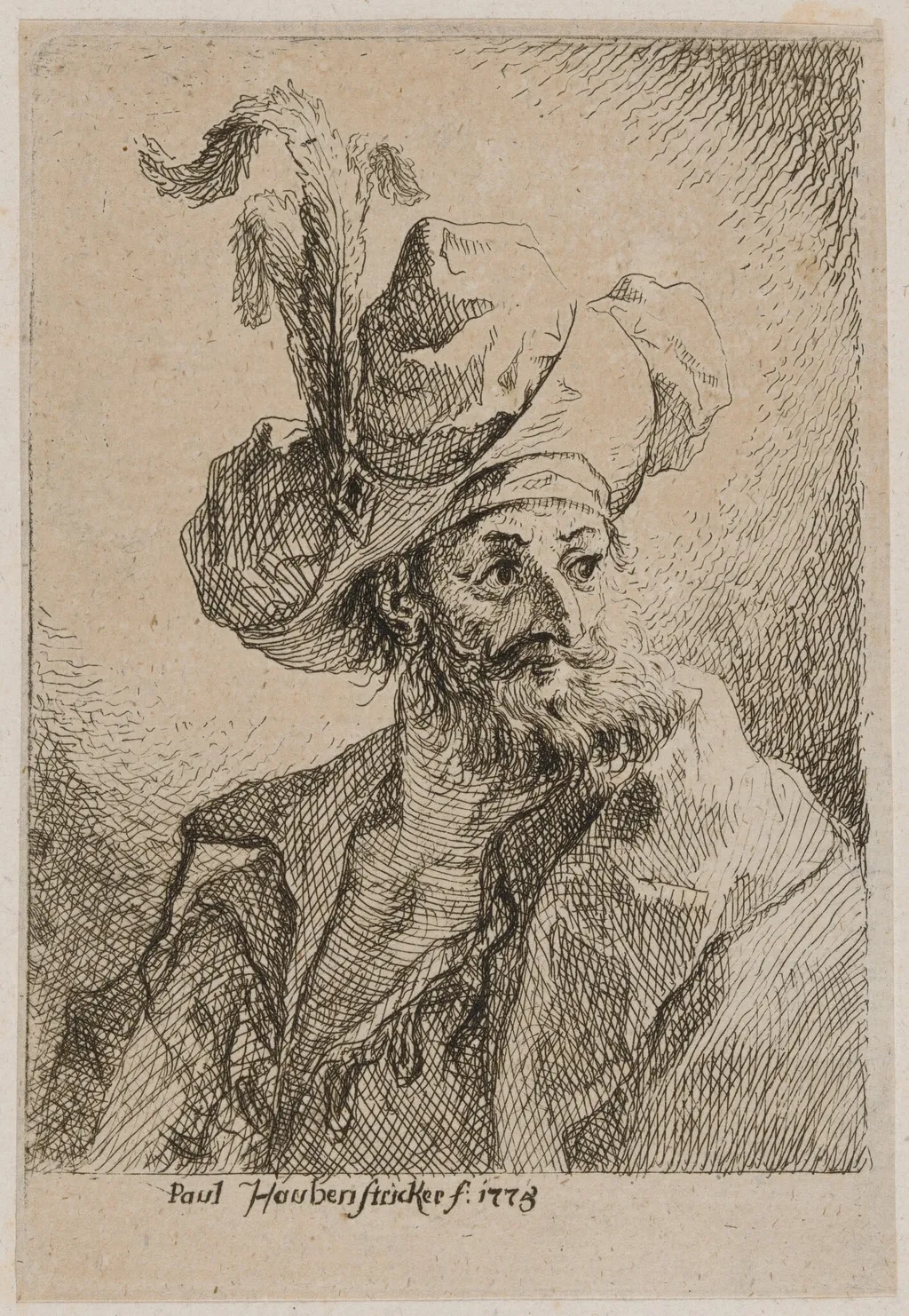 Oriental with a Plumed Hat, Looking Right, by Paul Haubenstricker, ink, 1775