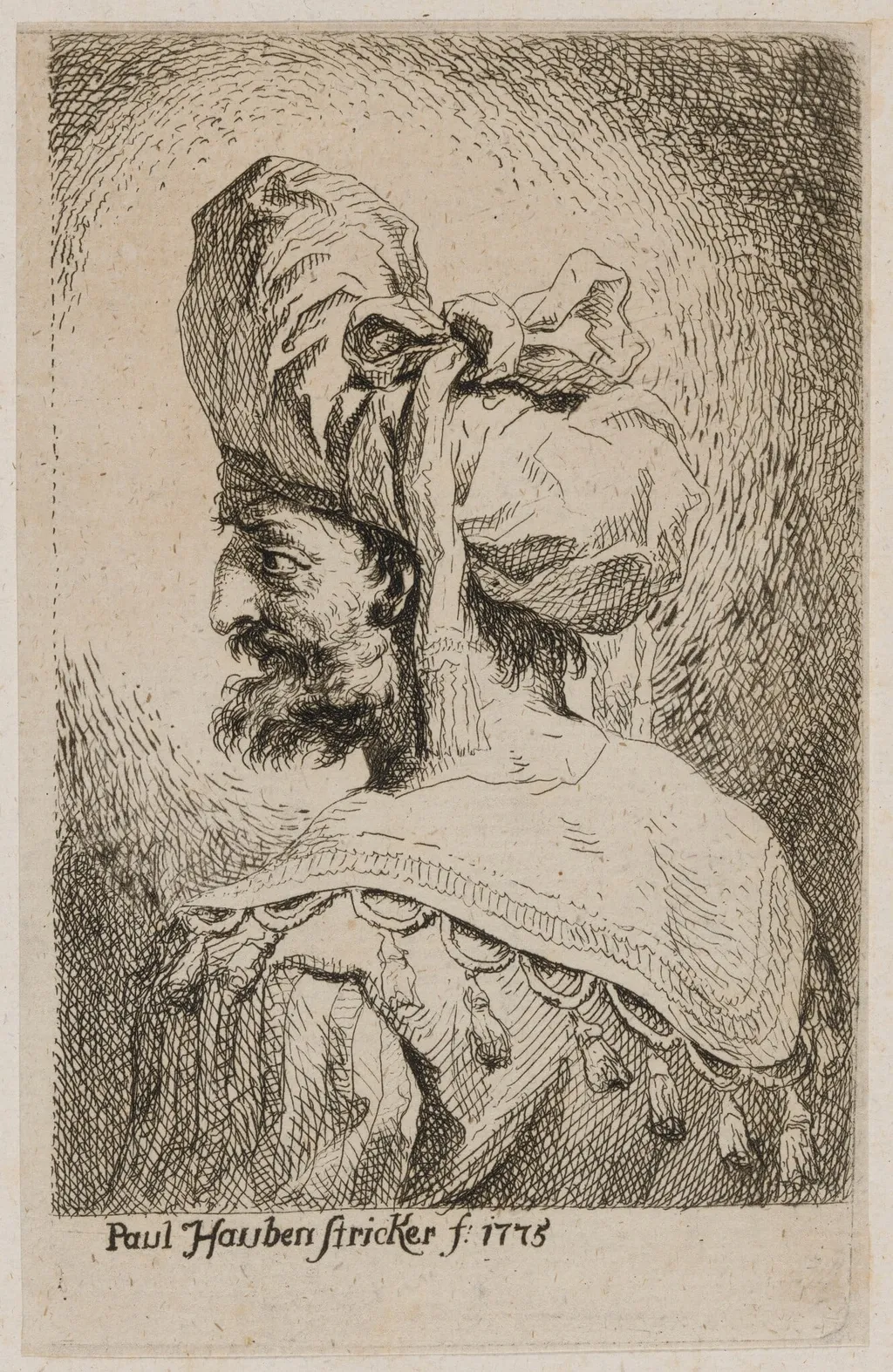 Oriental with a Soft Hat in Profile, Looking Left, by Paul Haubenstricker, ink, 1775
