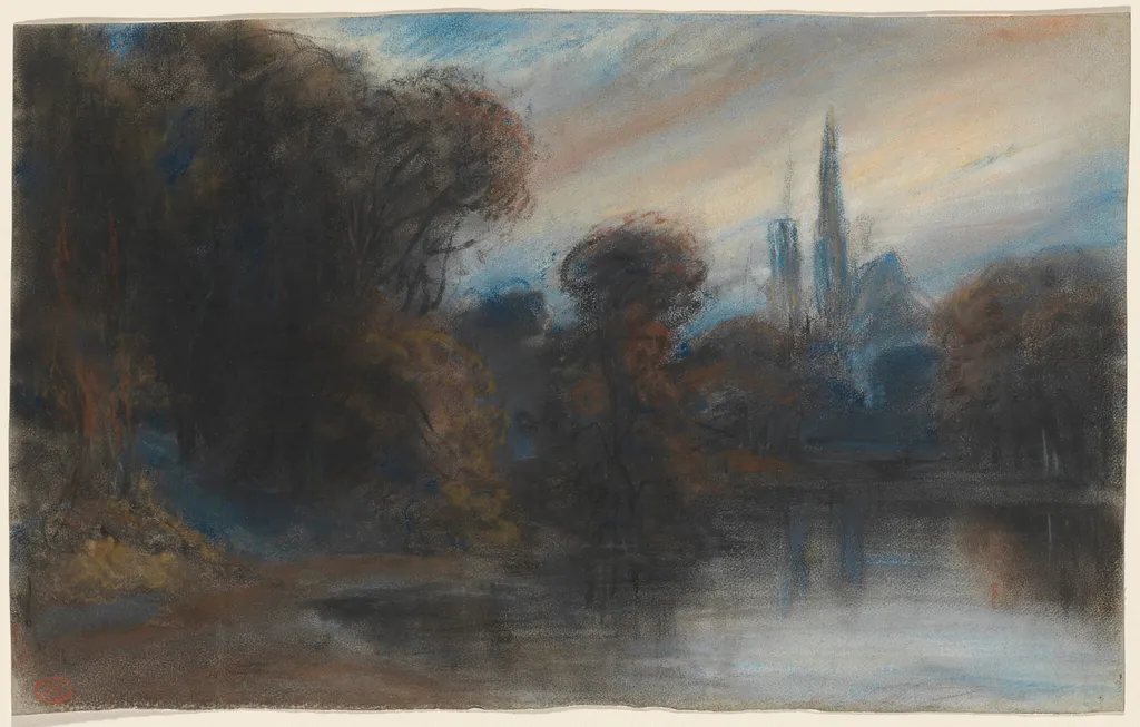 An Abbey by a Wooded Lake at Twilight, by Paul Huet, pastel, 1831