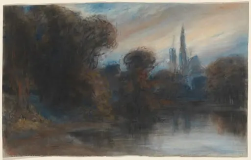 An Abbey by a Wooded Lake at Twilight, by Paul Huet