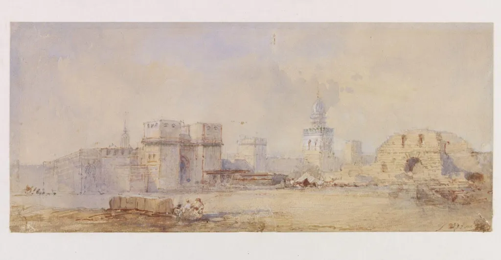 Bab al-Nasr and walls of Cairo, with part of the Mosque of Khalif al-Hakim, by Paul Marny, watercolor, 1850