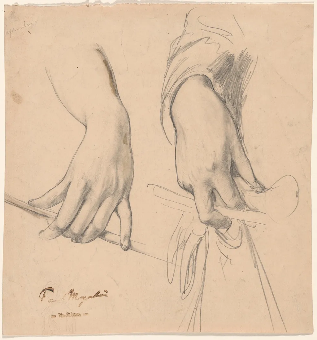 A Left Hand Holding a Staff and a Right Hand Holding a Glove and Riding Crop(?), by Paul Meyerheim, graphite, 1878