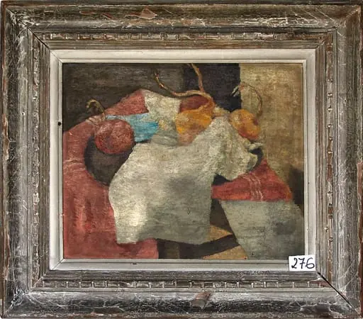 Natură moartă cu ștergar și cepe. Verso: schiță pe fundal albastru ceruleum, by Paul Miracovici