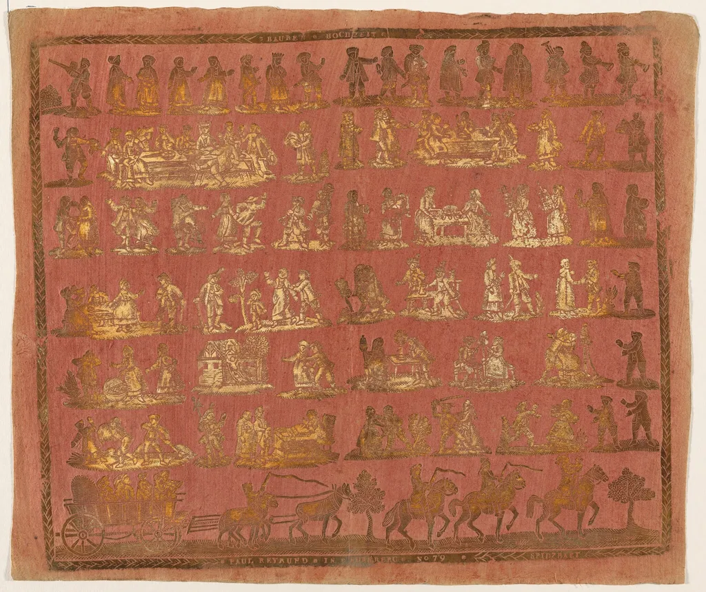 Endpaper with Peasant Wedding, by Paul Reimund, ink, 1780
