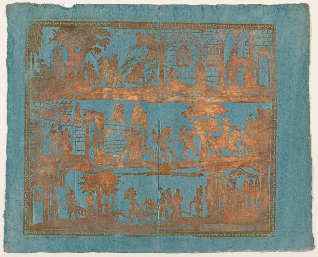 Endpaper with Scenes from the Life of a Knight, by Paul Reimund, ink, 1780