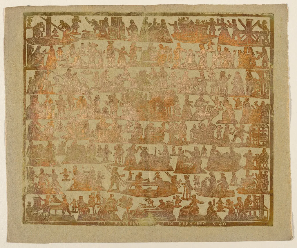 Endpaper with Scenes of the Trades, by Paul Reimund, ink, 1800