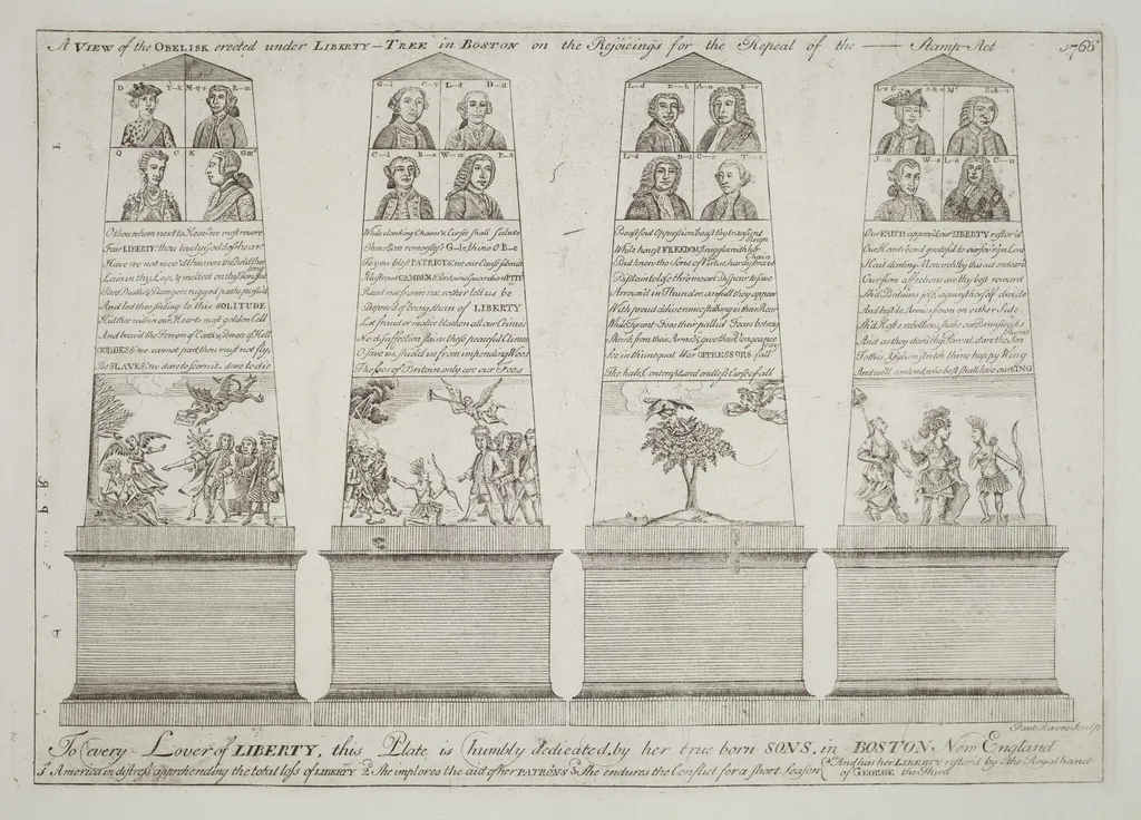 The Obelisk under the Liberty Tree, Boston, by Paul Revere, ink, 1766