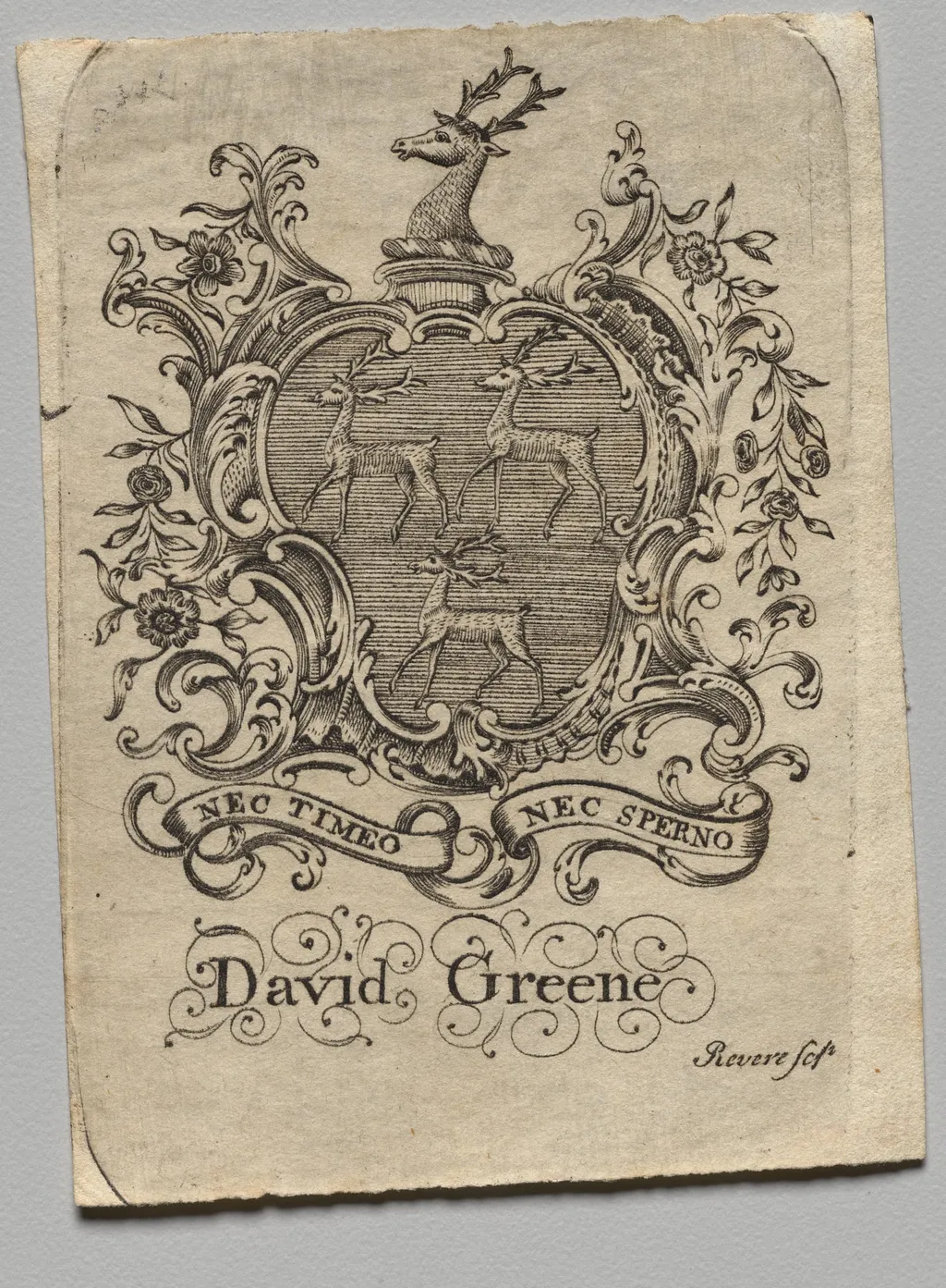 Bookplate: Coat of Arms with David Greene inscribed below, by Paul Revere II, 1782
