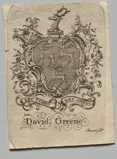 Bookplate:  Coat of Arms with David Greene inscribed below, by Paul Revere II