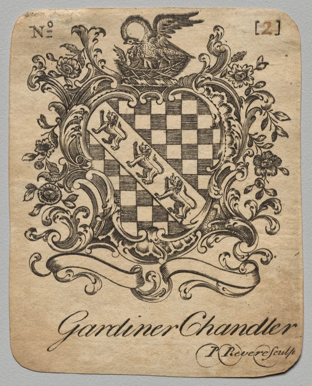 Bookplate: Coat of Arms with Gardiner Chandler inscribed below, by Paul Revere II, 1782