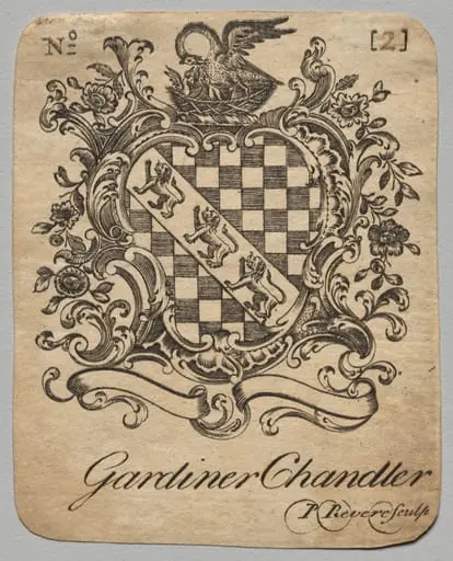Bookplate:  Coat of Arms with Gardiner Chandler inscribed below, by Paul Revere II