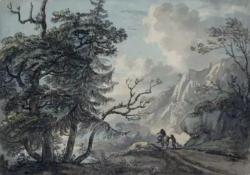 A road in mountainous country, leading to a castle by a lake, by Paul Sandby