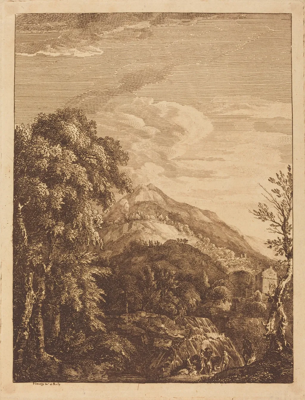 Mountainous Landscape with a Waterfall, Round Tower, Castle, and Banditti, by Paul Sandby, ink, 1754