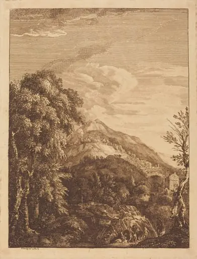 Mountainous Landscape with a Waterfall, Round Tower, Castle, and Banditti, by Paul Sandby