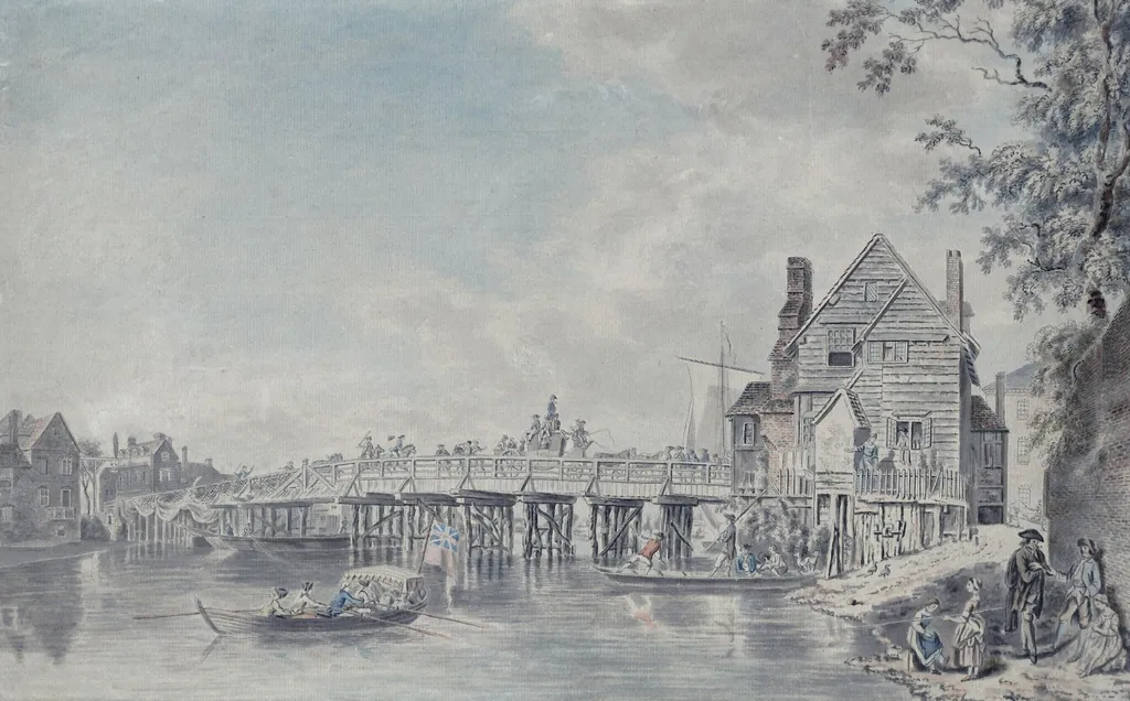 Old bridge at Windsor, coach and horsemen crossing, and a barge passing under, by Paul Sandby, watercolor, 1750