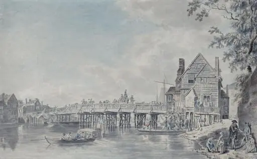 Old bridge at Windsor, coach and horsemen crossing, and a barge passing under, by Paul Sandby