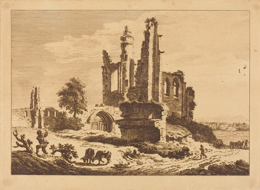 Ruined Abbey with Cattle and a Man Chopping Wood, by Paul Sandby, ink, 1758