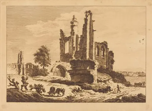Ruined Abbey with Cattle and a Man Chopping Wood