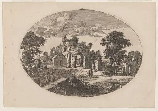 Ruins near a Stream, a Distant Building at the Foot of a Mountain, by Paul Sandby