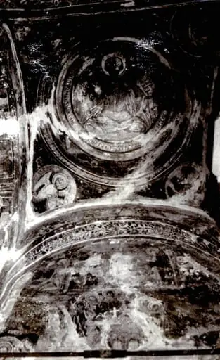 Detaliu de pe fresca din pridvorul monumentului istoric din satul Scoica, comuna Andreești, județul Gorj (1990), by Paul Teodor Pleșa