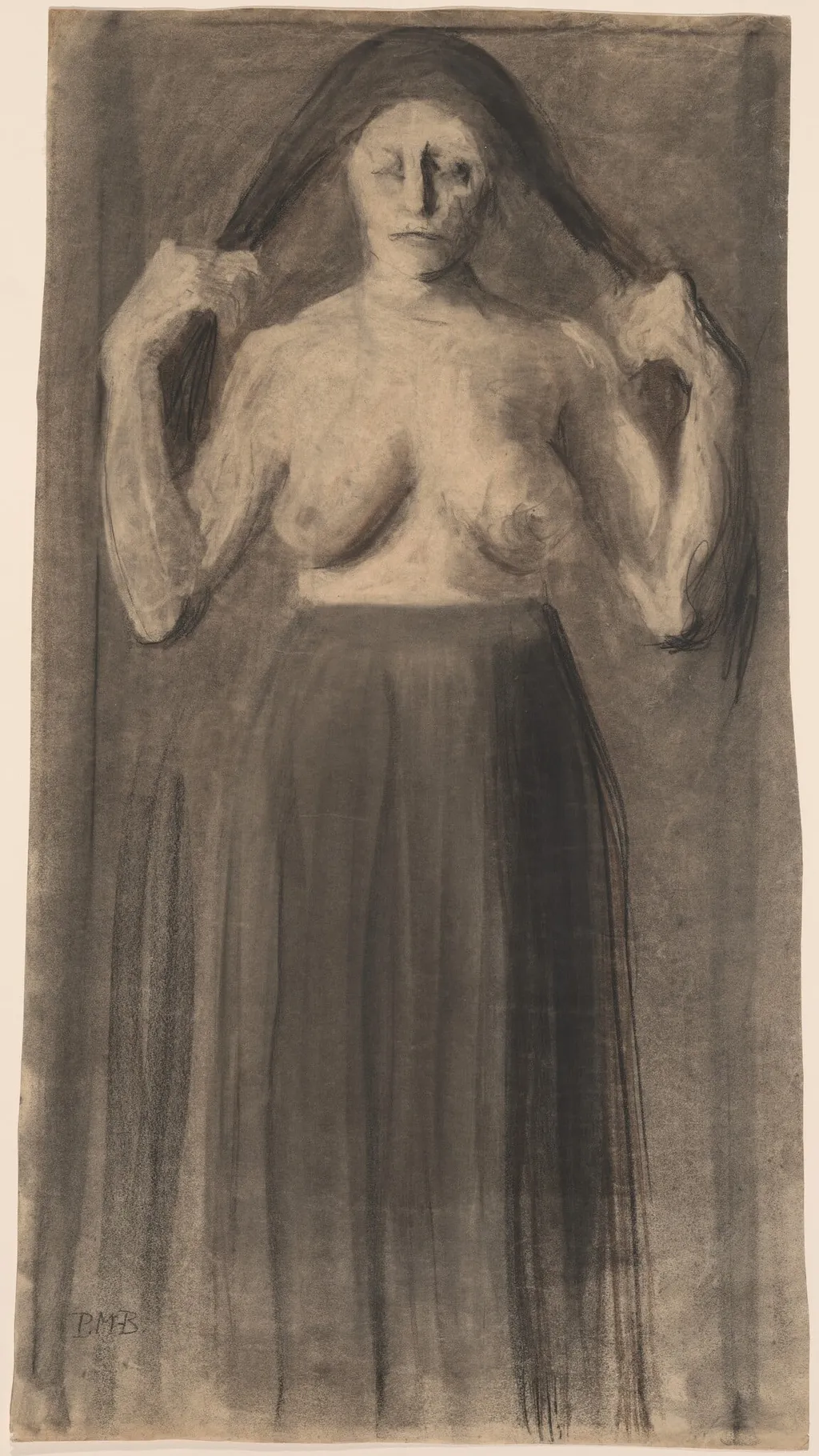 Half-Nude Woman Holding Her Hair Apart, by Paula Modersohn-Becker, charcoal, 1898