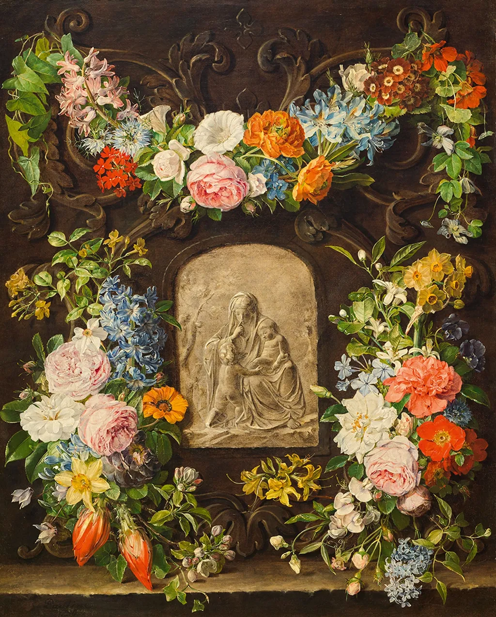 Flower garland with a relief of a Madonna, by Pauline Freiin von Koudelka, oil, 1834