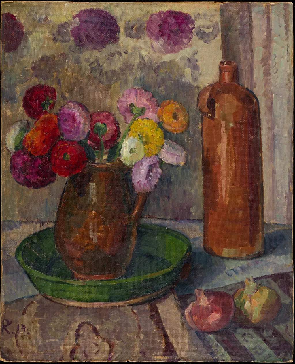 Still Life with Flowers, Onions and Stoneware Jug, by Pauline Kowarzik, oil, 1913