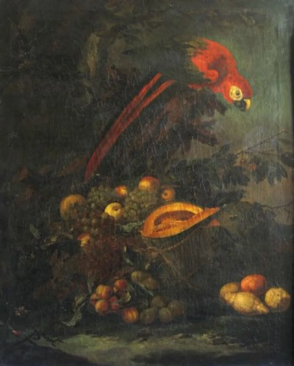 Fructe și papagal roșu, by Paulus de Vos, unspecified