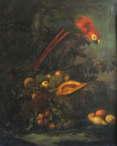 Fructe și papagal roșu, by Paulus de Vos