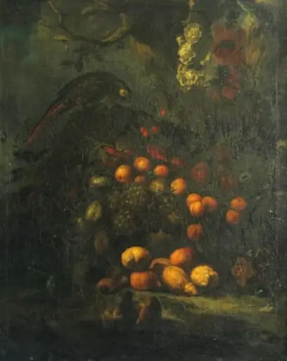 Fructe și papagal verde, by Paulus de Vos