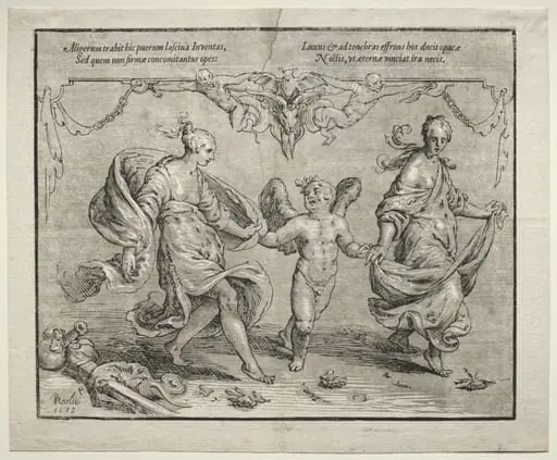 Cupid dancing with two allegorical women, by Paulus Moreelse