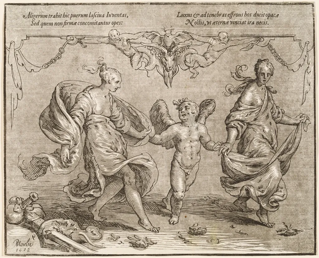 Cupid Dancing with Two Allegorical Women, by Paulus Moreelse, ink, 1612