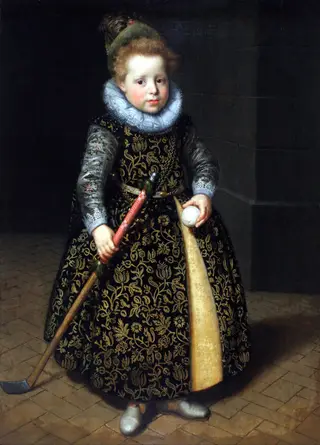 Portrait of a four-year old boy with a club and ball, by Paulus Moreelse